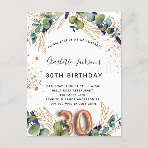 30th birthday eucalyptus greenery glitter elegant invitation postcard
