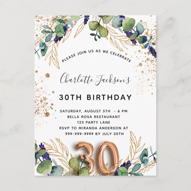 30th birthday eucalyptus greenery glitter elegant invitation postcard (Front)