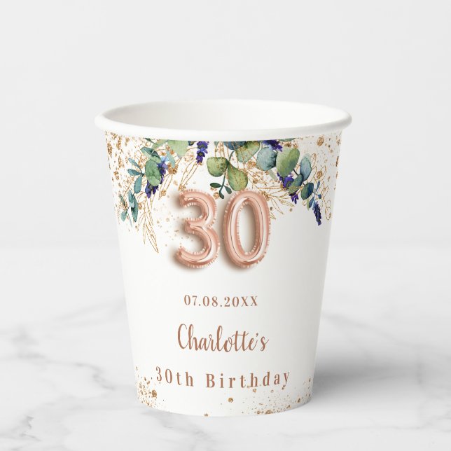 30th birthday eucalyptus greenery glitter monogram paper cups (Front)