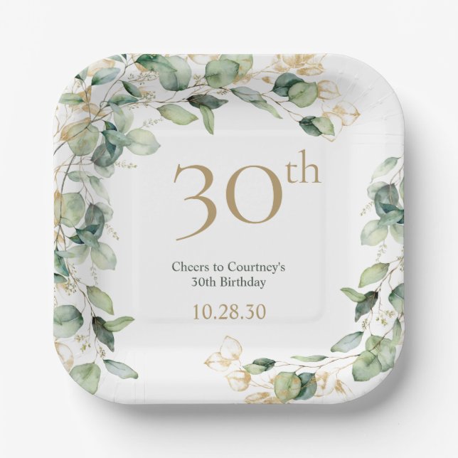30th Birthday Eucalyptus Paper Plates (Front)