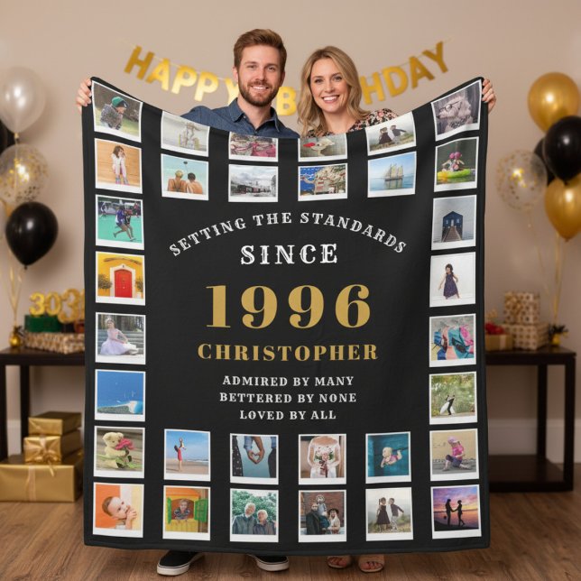 30th Birthday Family Memories Photo Collage  Fleece Blanket (Born 1996 photo template fleece blanket. Held by a couple.)