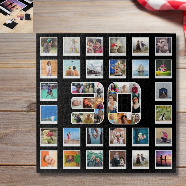 30th Birthday Family Photo Memories Collage Jigsaw Puzzle (30th birthday jigsaw puzzle on wood plank table top)