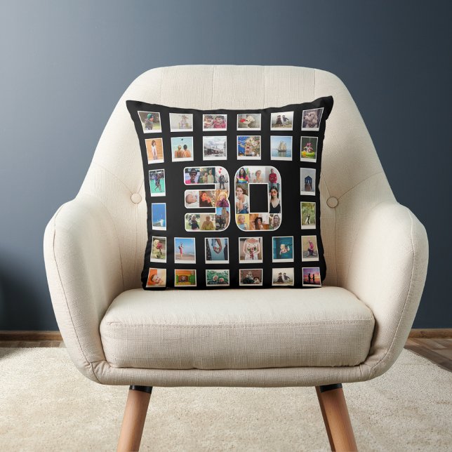 30th Birthday Family Photo Memories Collage Throw Pillow (30th birthday throw pillow on a chair)