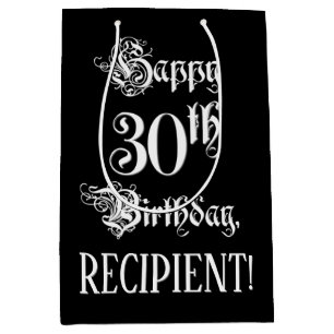 30th Birthday: Fancy, Elegant Script + Custom Name Medium Gift Bag