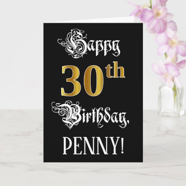 30th Birthday — Fancy Script; Faux Gold Look; Name Card (Orchid)