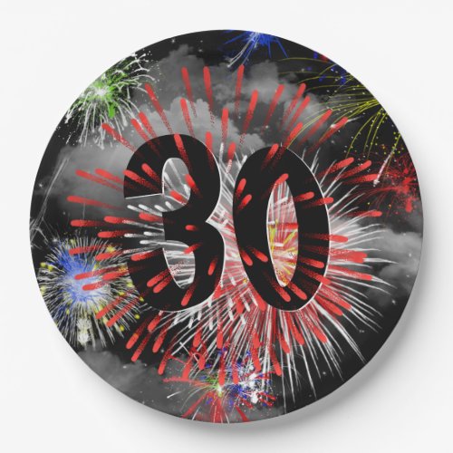 30th Birthday Fireworks In Clouds Paper Plate