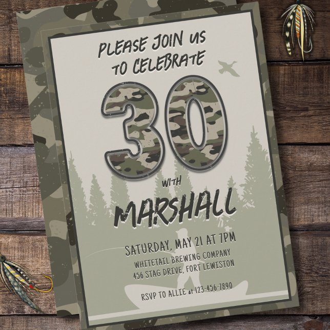 30th Birthday Fisherman Camouflage Woodland Rustic Invitation (Creator Uploaded)