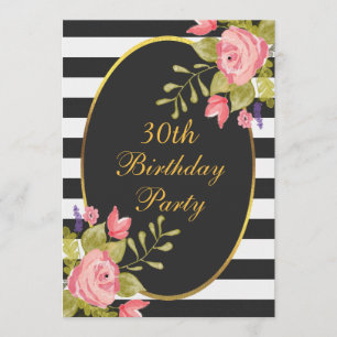 30th Birthday Floral Black White Stripes Gold Foil Invitation