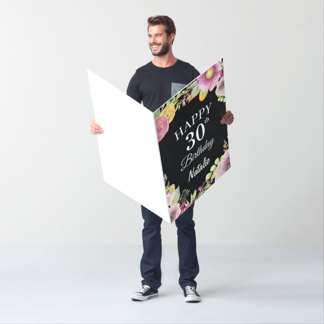 30th Birthday Floral Flowers Black Extra Large Card (In Situ)