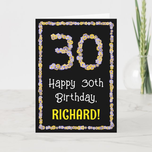 30th Birthday: Floral Flowers Number, Custom Name Card (Front)
