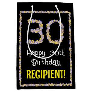30th Birthday: Floral Flowers Number, Custom Name Medium Gift Bag