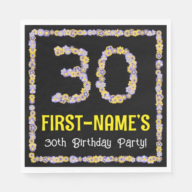 30th Birthday: Floral Flowers Number, Custom Name Napkins (Front)