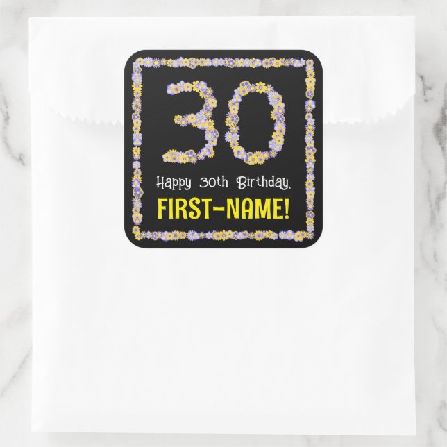 30th Birthday: Floral Flowers Number, Custom Name Square Sticker (Bag)