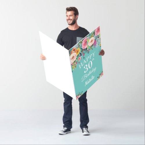 30th Birthday Floral Flowers Teal Extra Large Card