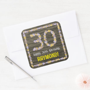 30th Birthday: Floral Number, Faux Wood Look, Name Square Sticker