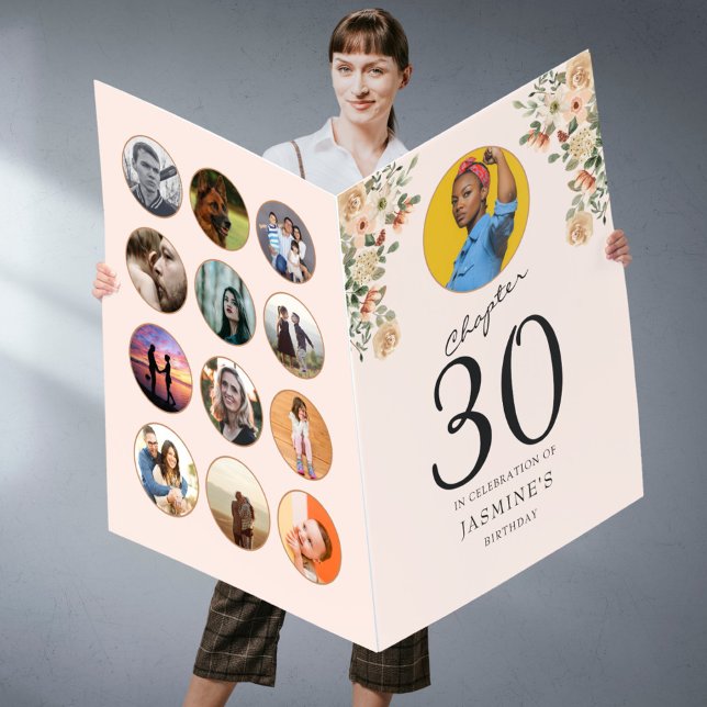 30th Birthday Floral Photo Blush Pink Huge Card (Custom huge 30th birthday card with photo collage held by a woman in front of a grey wall)