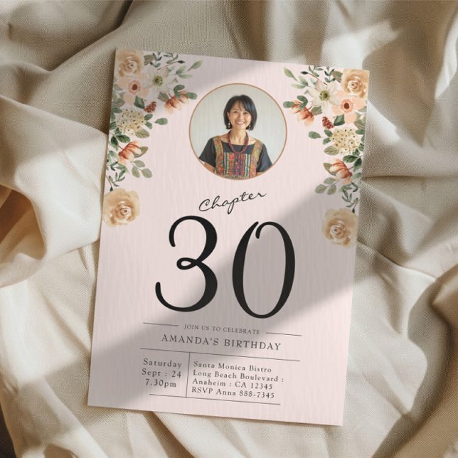 30th Birthday Floral Photo Party Invitation (Custom 30th birthday floral party invitation with photo on cloth background.)