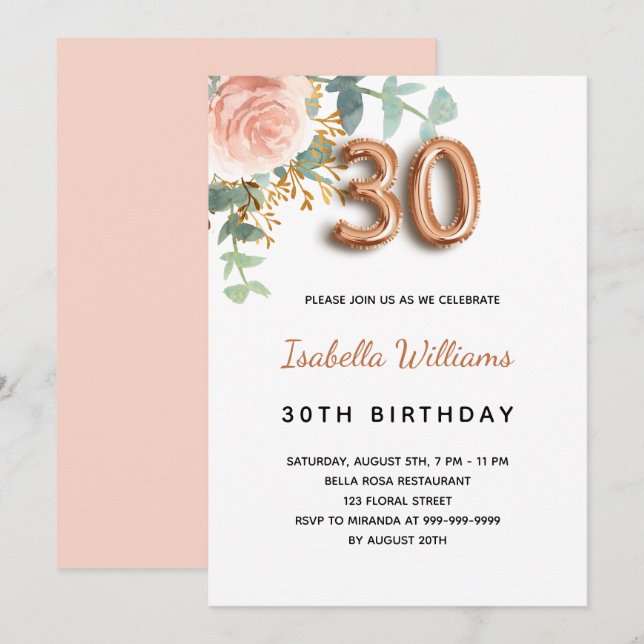 30th birthday floral rose gold eucalyptus greenery invitation (Front/Back)