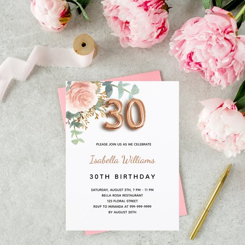 30th birthday floral rose gold eucalyptus greenery invitation postcard