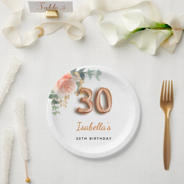 30th birthday floral rose gold eucalyptus monogram paper plates (Wedding)