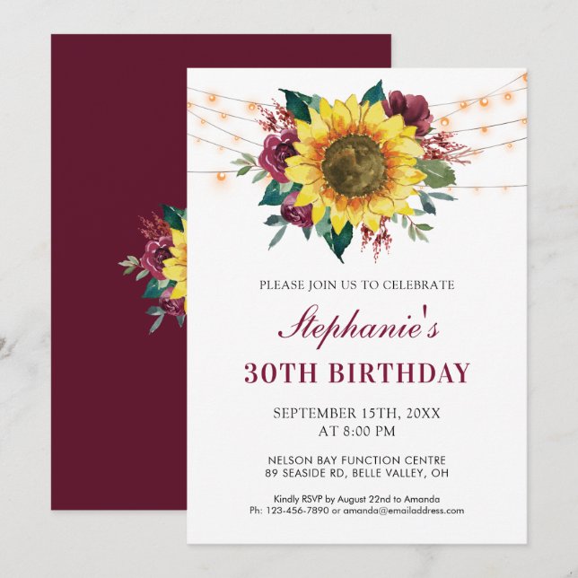 30th Birthday Floral Sunflower String Lights Party Invitation (Front/Back)