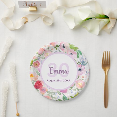 30th birthday florals pink white name paper plates