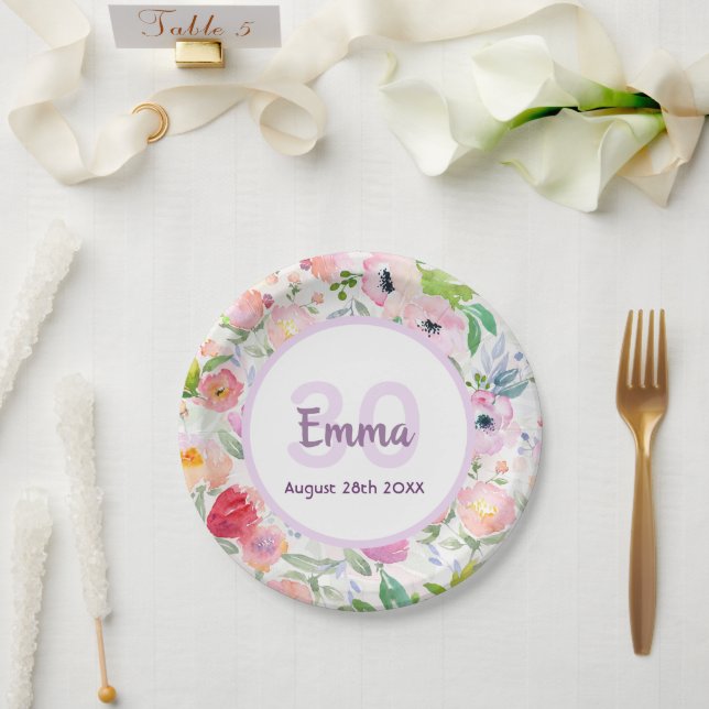 30th birthday florals pink white name paper plates (Wedding)