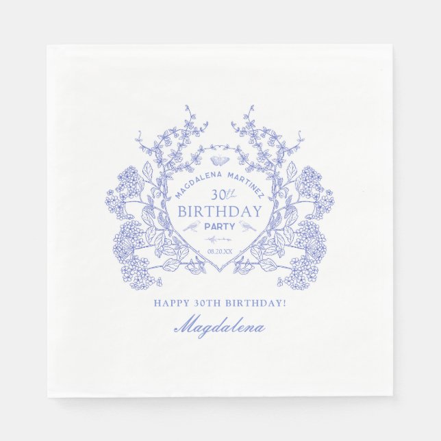 30th Birthday French Blue Floral Crest Custom Napkins (Front)