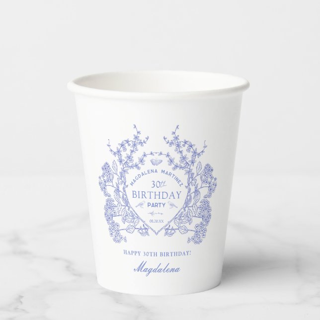30th Birthday French Blue Floral Crest Custom Paper Cups (Front)