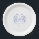 30th Birthday French Blue Floral Crest Custom Paper Plates<br><div class="desc">An elegant French vintage blue floral crest takes center stage on this timeless custom paper plate. Ornate,  formal and very feminine will make any birthday lady feel very special. Coordinating party supplies are available.</div>