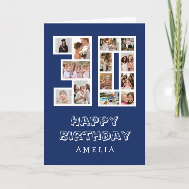30th Birthday Fun Blue Photo Collage Greeting Card (Front)