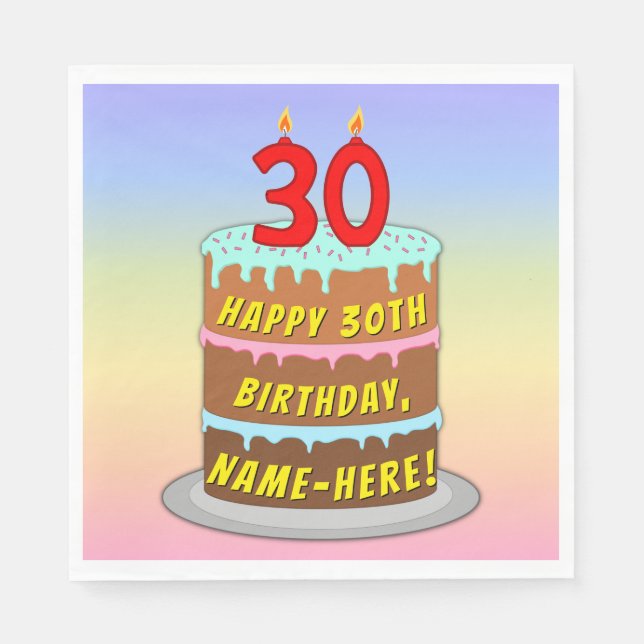 30th Birthday: Fun Cake and Candles + Custom Name Napkins (Front)