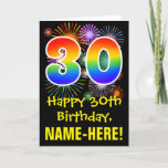 [ Thumbnail: 30th Birthday: Fun Fireworks Pattern + Rainbow 30 Card ]
