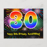 [ Thumbnail: 30th Birthday – Fun Fireworks Pattern + Rainbow 30 Postcard ]