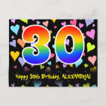 [ Thumbnail: 30th Birthday: Fun Hearts Pattern, Rainbow 30 Postcard ]
