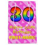 [ Thumbnail: 30th Birthday: Fun Pink Hearts Stripes; Rainbow 30 Gift Bag ]