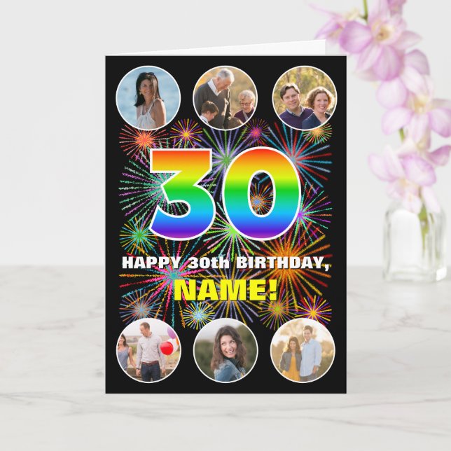 30th Birthday: Fun Rainbow #, Custom Name & Photos Card (Orchid)