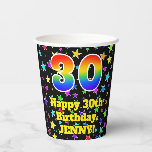 30th Birthday: Fun Stars Pattern and Rainbow 30 Paper Cups (Back)