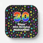 [ Thumbnail: 30th Birthday: Fun Stars Pattern and Rainbow “30” Paper Plates ]