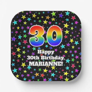 30th Birthday: Fun Stars Pattern and Rainbow “30” Paper Plates