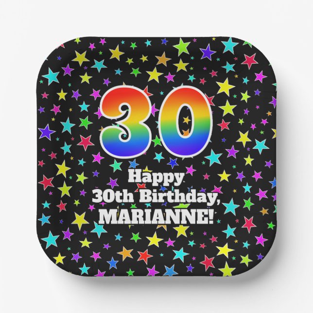 30th Birthday: Fun Stars Pattern and Rainbow “30” Paper Plates (Front)