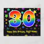 [ Thumbnail: 30th Birthday: Fun Stars Pattern, Rainbow 30, Name Postcard ]