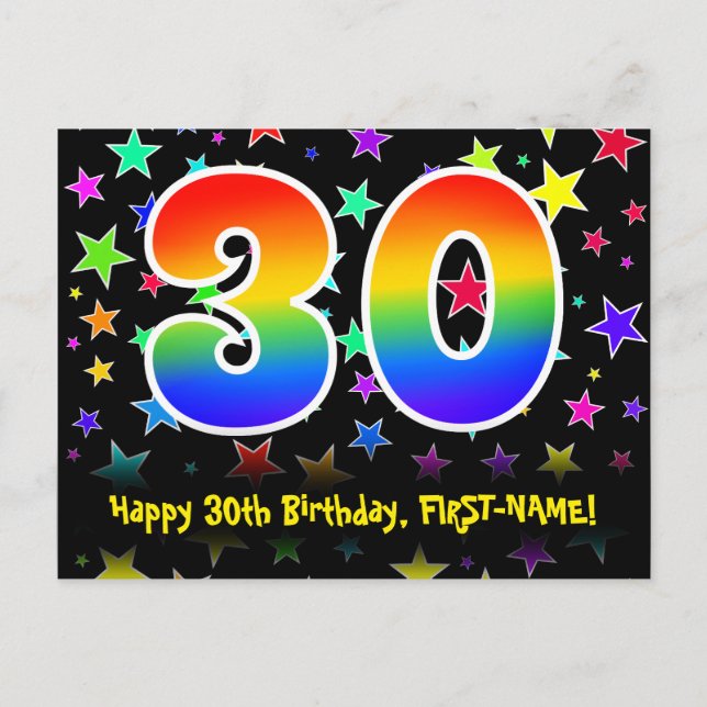 30th Birthday: Fun Stars Pattern, Rainbow 30, Name Postcard (Front)