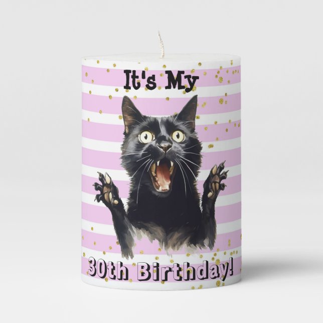 30th Birthday Funny Black Cat Pillar Candle (Front)