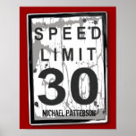 30th Birthday Funny Grungy Speed Limit Sign Poster<br><div class="desc">It's not the age,  it's the mileage! A fun speed limit sign poster makes a great graphic for decorating a celebration of a 30th birthday. Personalize it with his name too. With a slightly tattered and worn look - hey,  it's just like the birthday guy!</div>