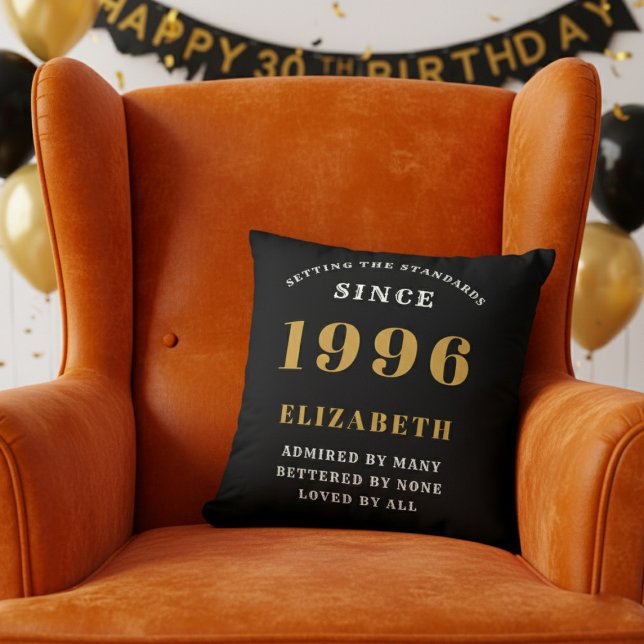 30th Birthday Gift Personalized 1996 Black Gold Throw Pillow (1996 throw pillow in orange chair.)