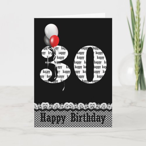 30th Birthday Gingham Border with Balloons Card