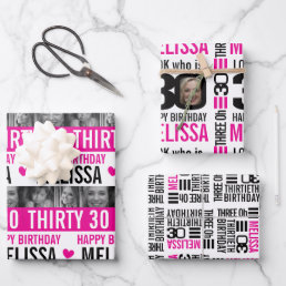 30th birthday girls photos black white hot pink wr wrapping paper sheets