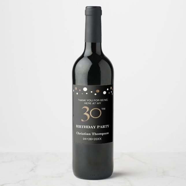 30th birthday, gold and black theme, thank you wine label (Front)