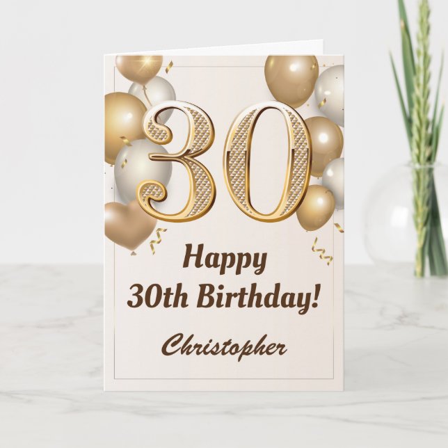 30th Birthday Gold Balloons and Confetti Birthday Card (Front)